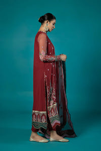 S - EMBROIDERED BLENDED NET RED 3PC